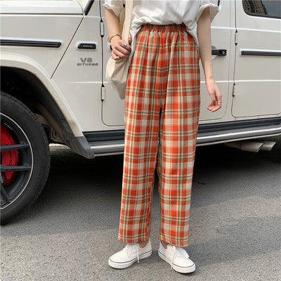 High waist plaid casual pants - amazitshop