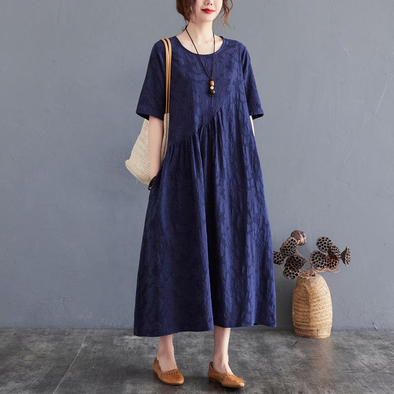 Summer New Loose And Simple Jacquard Irregular Large Size Cotton And Linen Dress For Women - amazitshop