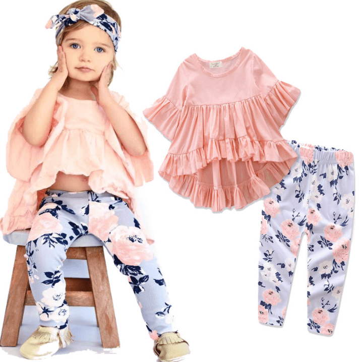 Toddler Kids Baby Girls Outfits Clothes Sets Cotton T-shirt Top Short Sleeve Pants Flower 2PCS Clothing Set