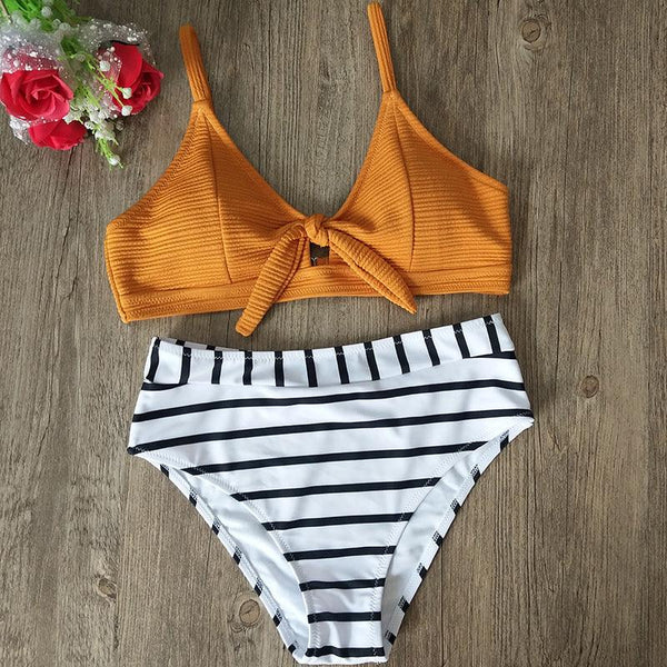 Split Tight Exposed Back High Waist Striped Bikini Triangle Swimwear - amazitshop