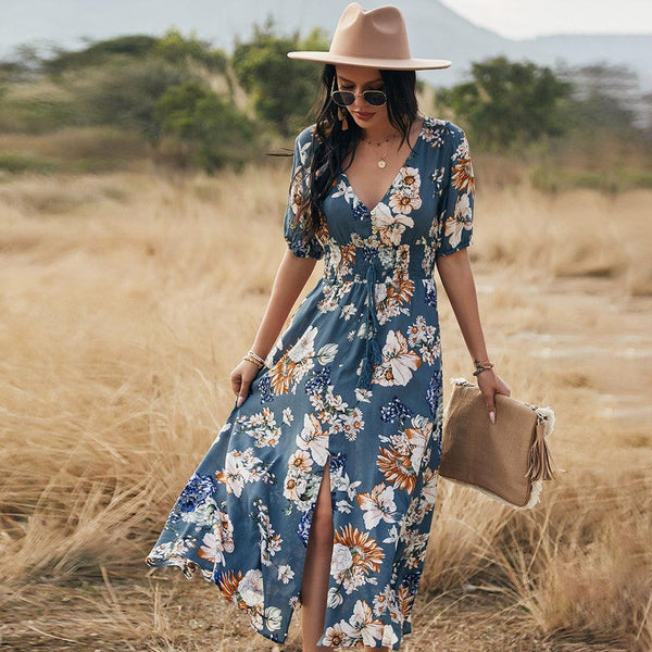 Floral Summer Beach Dress With V Neck Elastic Waist Dresses For Women - amazitshop