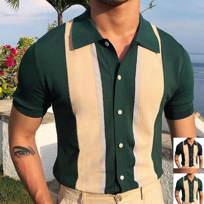Men's Lapel Collar Contrast Color Knit Short Sleeve POLO Shirt - amazitshop