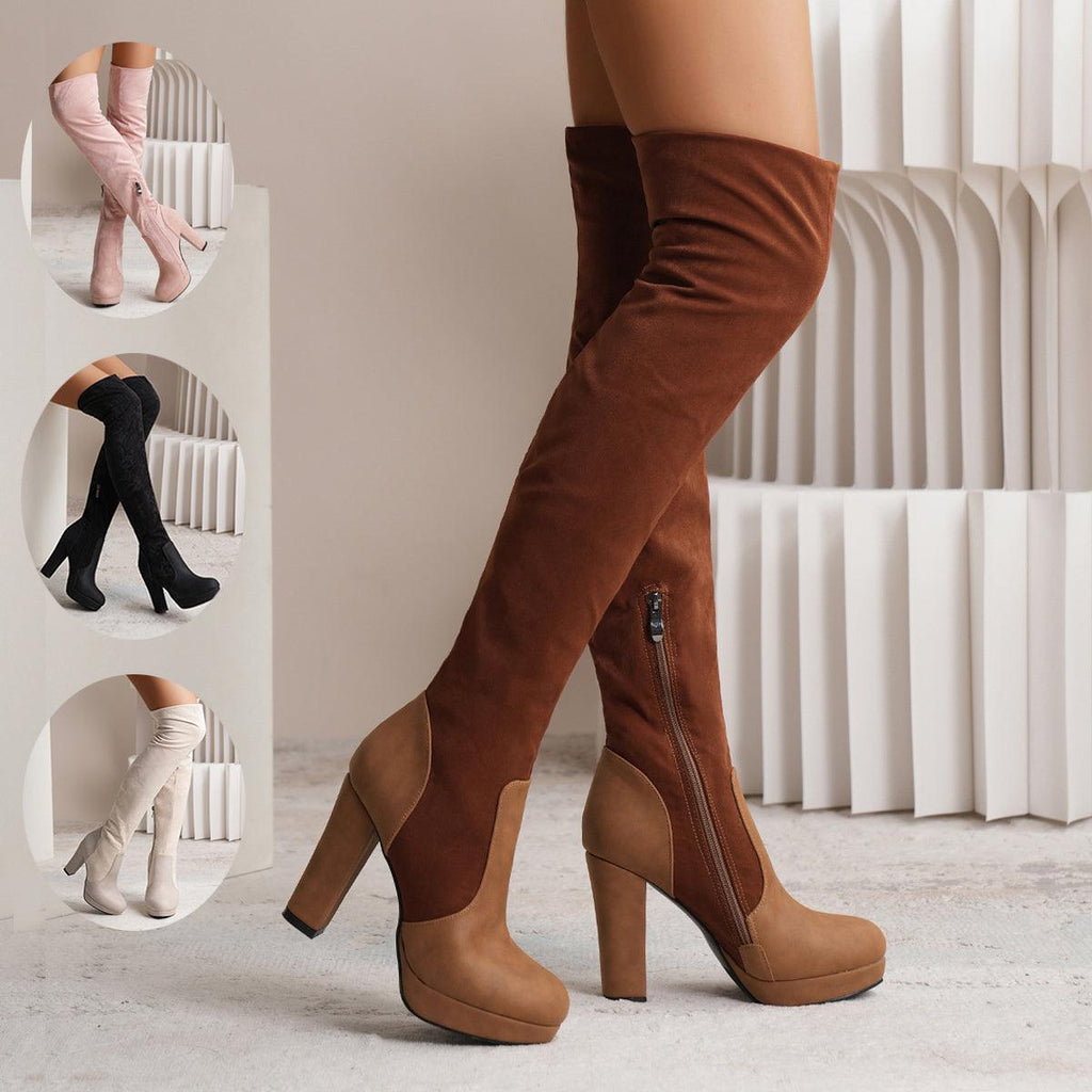 New Long Boots For Women Elastic Suede High Square Heel Over-the-knee Boots Fashion Party Shoes Winter - amazitshop