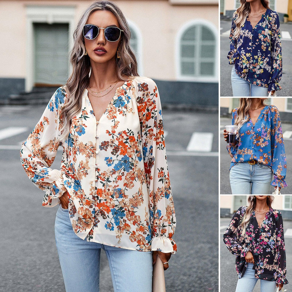 Women's Tops Casual Floral Print V Neck Long Sleeve Shirts Loose Chiffon Blouses Shirts Tops - amazitshop