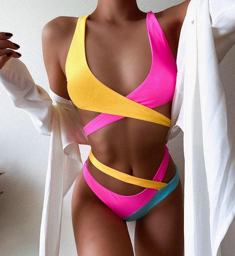 Color Ladies Split Bikini Set Cross Adjustable Strap Swimsuit Stitching Swimwear High Waist Wsummer Bikini Set - amazitshop