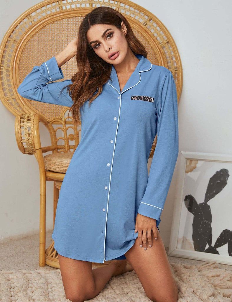 Style Women Homewear Long Sleeve Shirt Button Nightdress - amazitshop