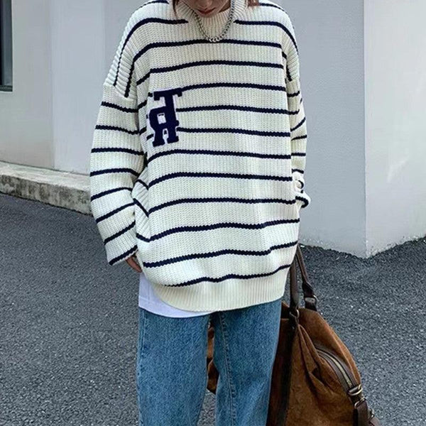 New Retro Japanese Striped Letters Loose Pullover Outerwear Long-sleeved Tops - amazitshop