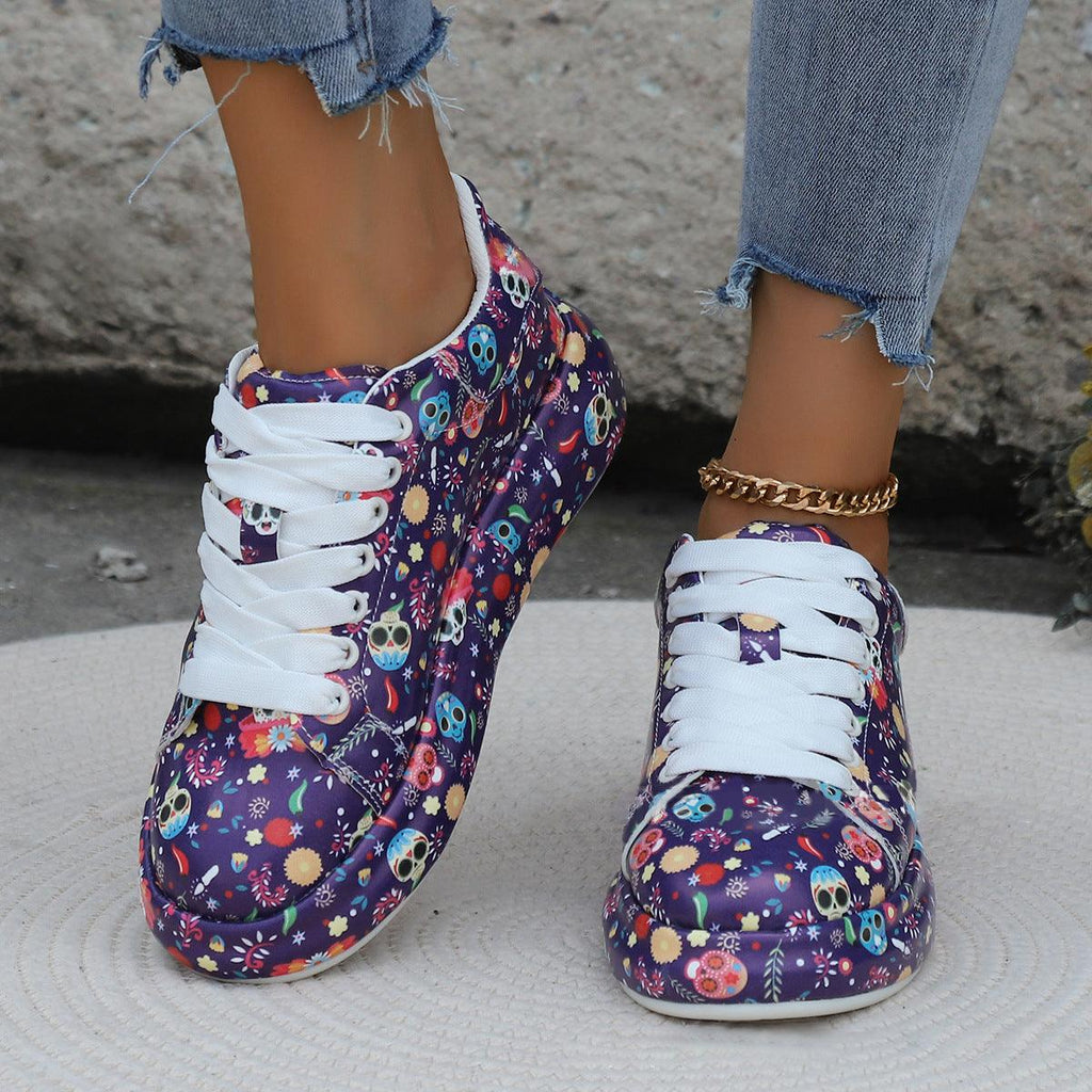 Halloween Cartoon Print Flats Fashion Graffiti Flats Shoes Platform Lace-up Round Toe Sports Shoes - amazitshop