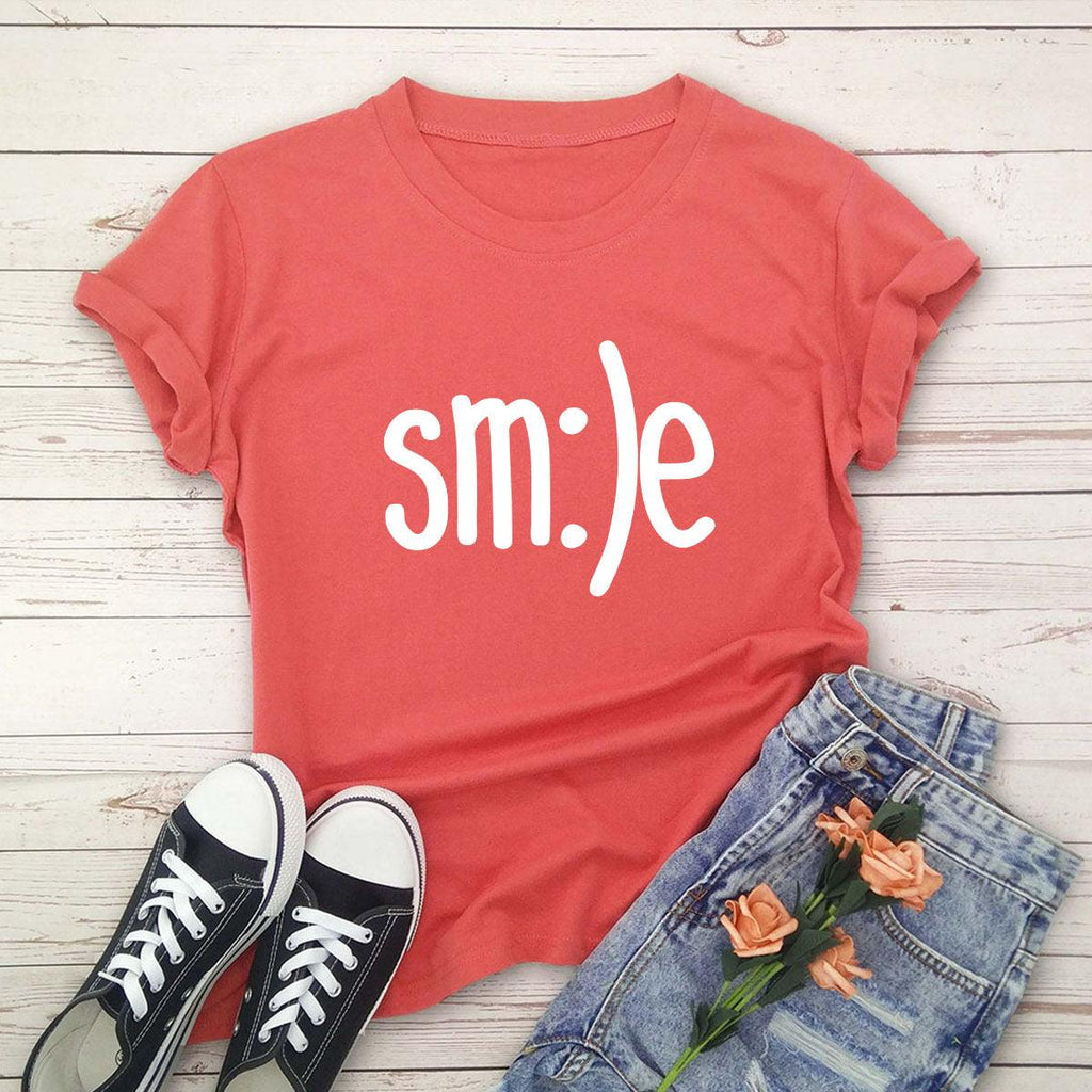 Plus Size TShirt Women New Smile Letter Printed Shirt O Neck Short Sleeve Tees Summer Top 100%cotton Women's T-shirts - amazitshop