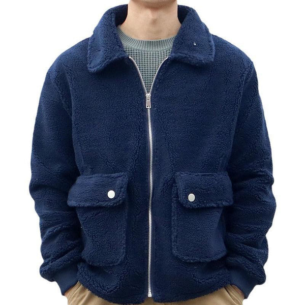 Men's Solid Color Double Pocket Lamb Wool Jacket - amazitshop