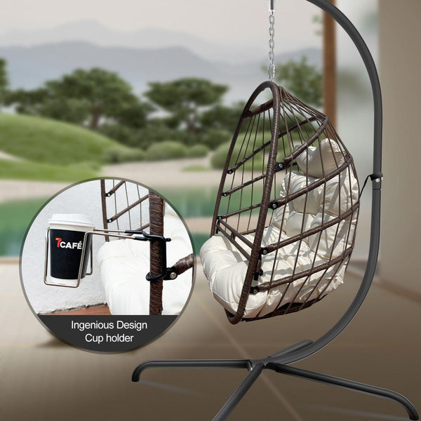 Swing Egg Chair With Stand Indoor Outdoor, UV Resistant Cushion Hanging Chair With Guardrail And Cup Holder, Anti-Rust Foldable Aluminum Frame Hammock Chair, 350lbs Capacity For Porch Backyard - amazitshop