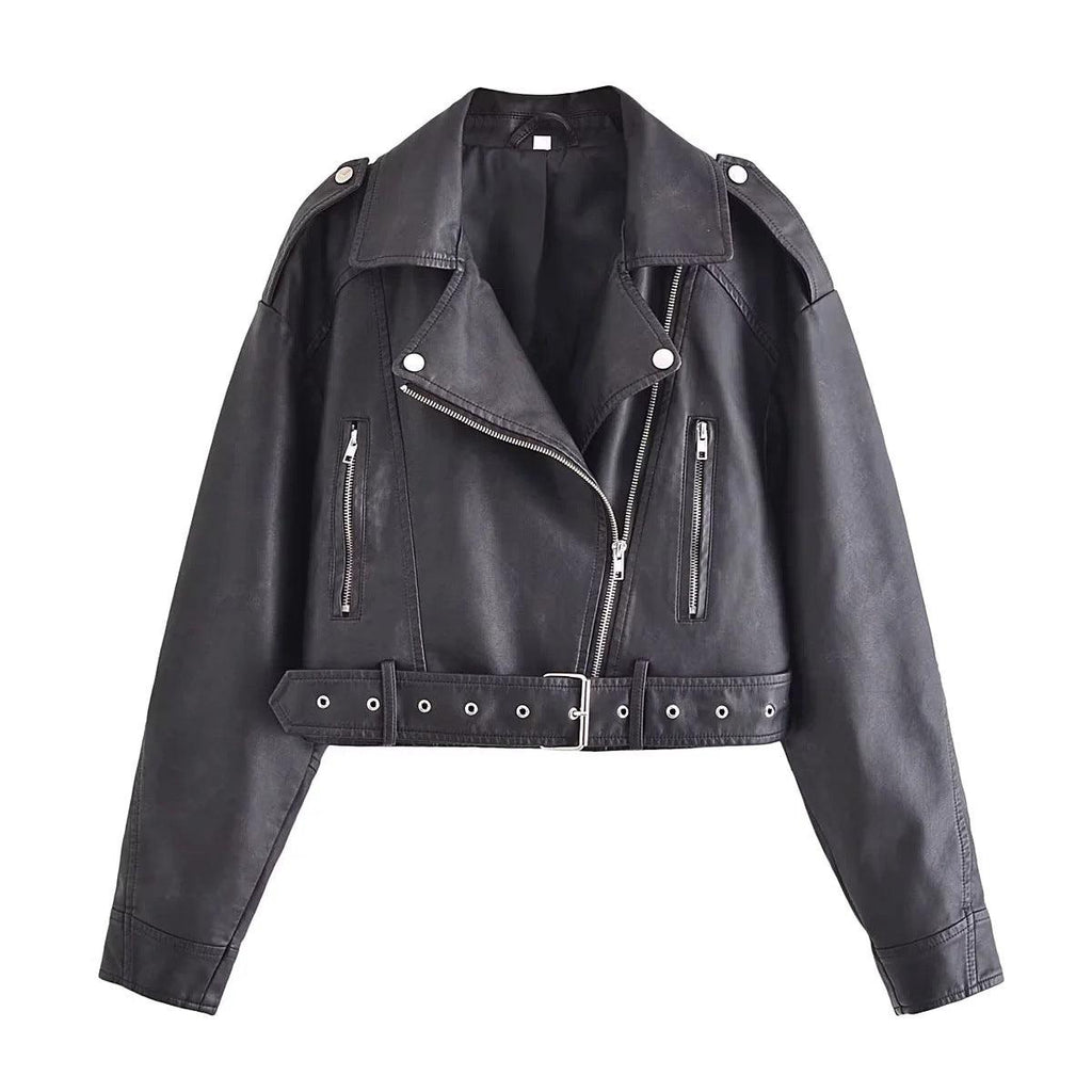 Washed Faux Leather Short Zipper Fashion Jacket - amazitshop
