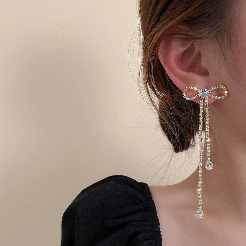 Fashion Jewelry Silver Needle Long Bow Tie Full-jeweled Stud Earrings For Women - amazitshop