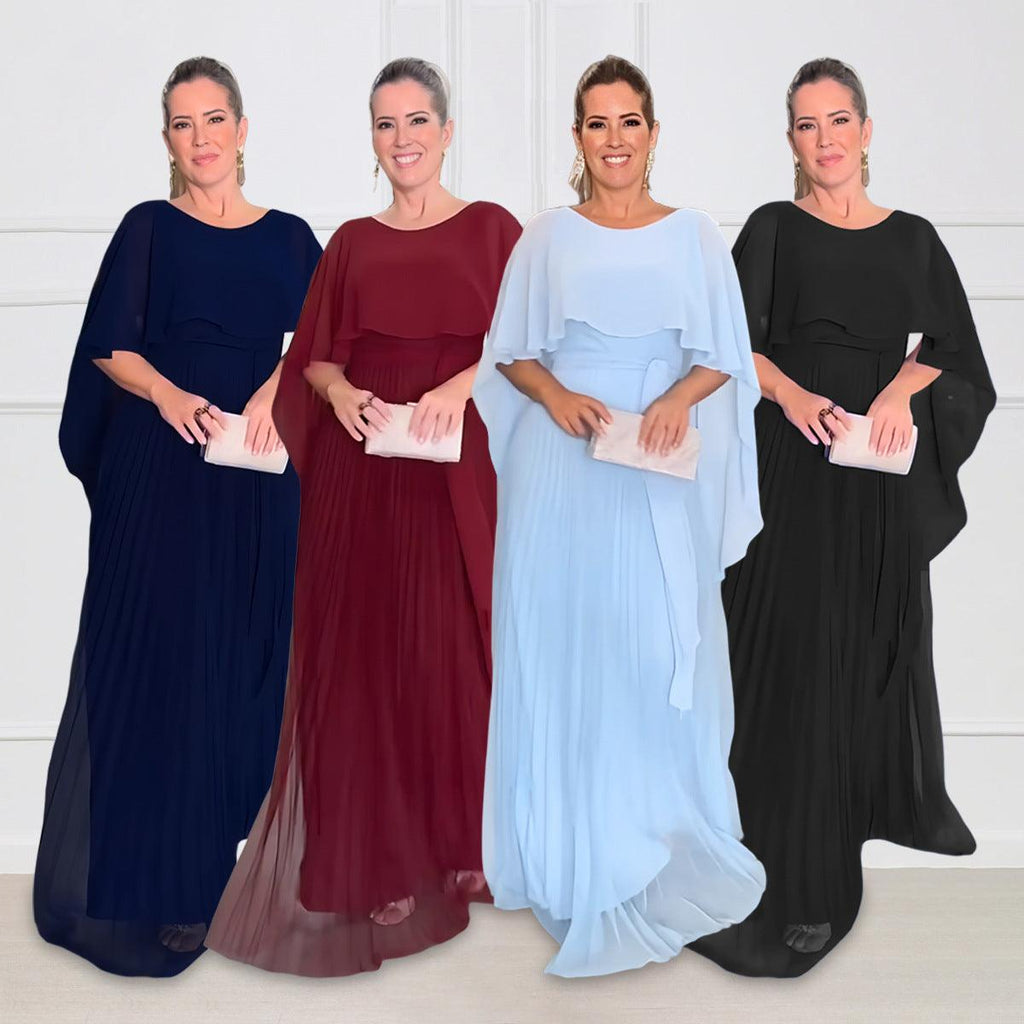 Women's Chiffon Pleated Solid Color Shawl High Waist Dress - amazitshop