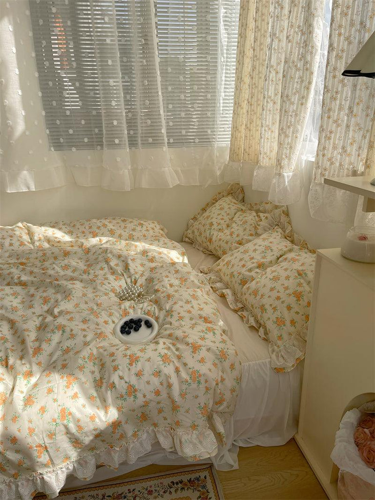 New Fragmented Flower All Cotton Four Piece Lace Pure Bed Sheet Quilt Cover Bed Skirt Bedclothes - amazitshop