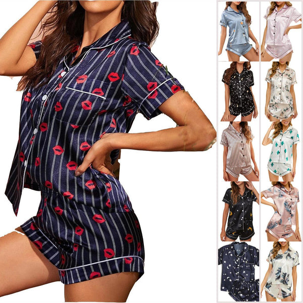 Summer Satin Women Pajams Print V-Neck Stretch Lingerie Female Sleepwear Casual Shorts Set Loungewear Women - amazitshop
