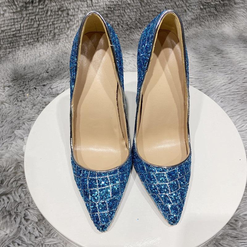 Blue Sequined High Heel Wedding Shoes Everyday - amazitshop