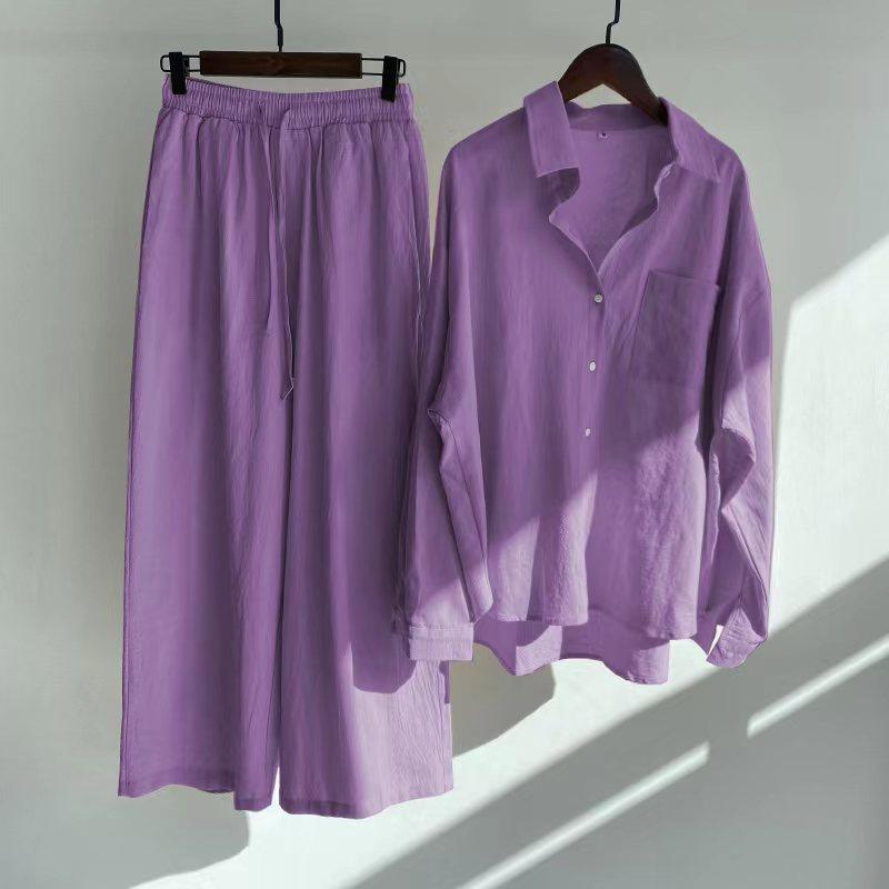 Women's 2-piece Retro Plus Size Shirt Outfit High Waist Loose Trousers - amazitshop