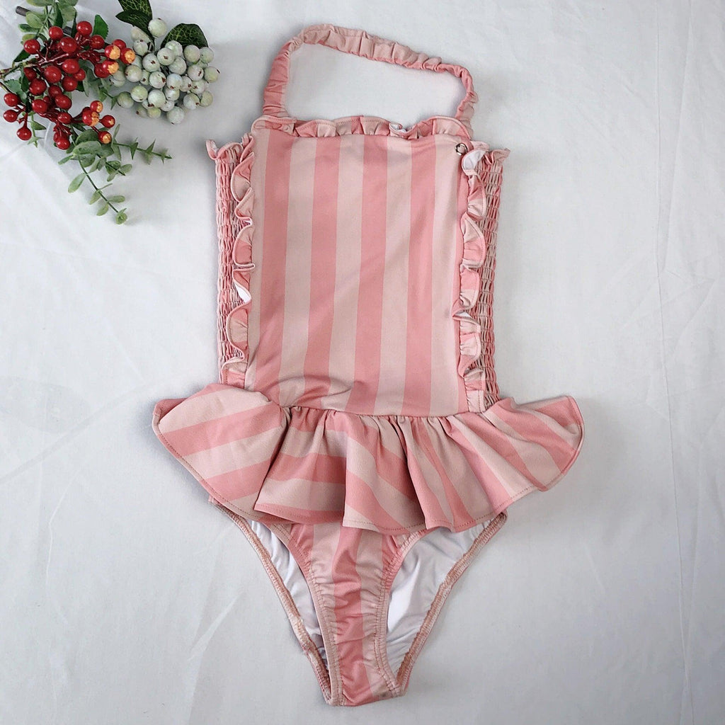Children's Swimwear Ins Explosion Models Girls Siamese Striped Princess Wind Lace Swimsuit - amazitshop