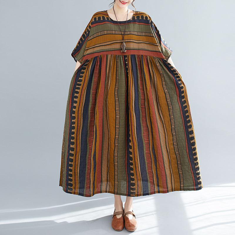 Summer New Literary Large Loose Stripe Printed Short-sleeved Dress For Women - amazitshop