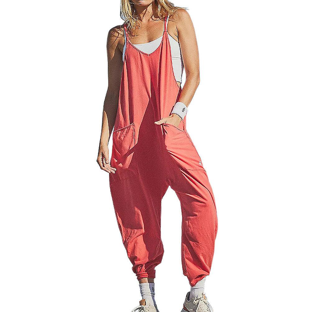 Summer Women's Loose Sleeveless Jumpsuits Spaghetti Strap Long Pant Romper Jumpsuit With Pockets Zipper - amazitshop