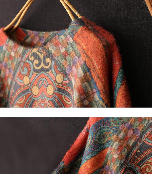 Women's Vintage Printed Imitation Mink Round Neck Sweater - amazitshop