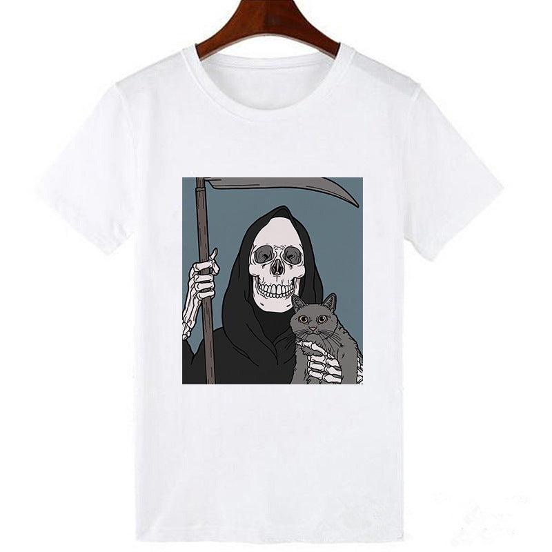 Horro Skull and Cat Femal Tshirt Top Tees kawai T-shirt - amazitshop