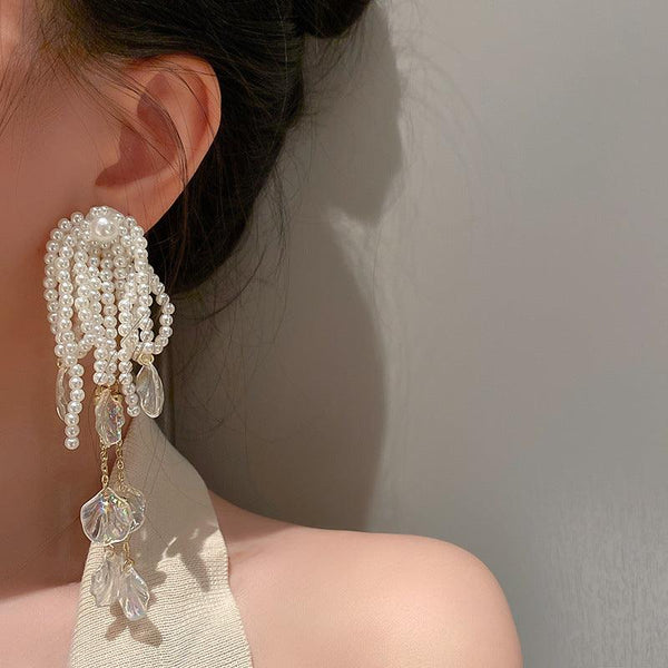 Female Exaggerated Long Pearl Earrings Shell Bow Tassel Earrings - amazitshop