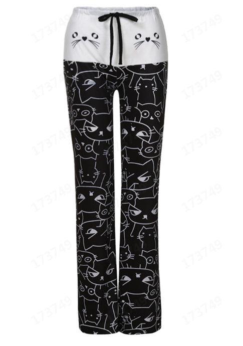 European And American Hot Digital Printing Cartoon Cat Pattern Bell-bottoms Wide Leg Pants For Women - amazitshop