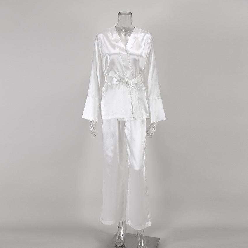 Cardigan Strap Ice Silk Robe Blouse And Pants Pajamas For Women - amazitshop