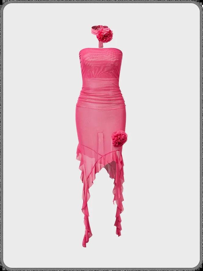 2023 Net Yarn Flower Sexy Waist Tube Top Hip Dress - amazitshop