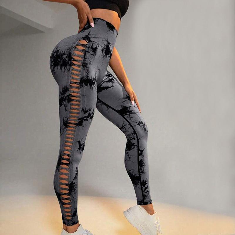 Hollow Tie Dye Printed Yoga Pants High Waist Butt Lift Seamless Sports Gym Fitness Leggings Slim Pants For Women Tight Trousers - amazitshop