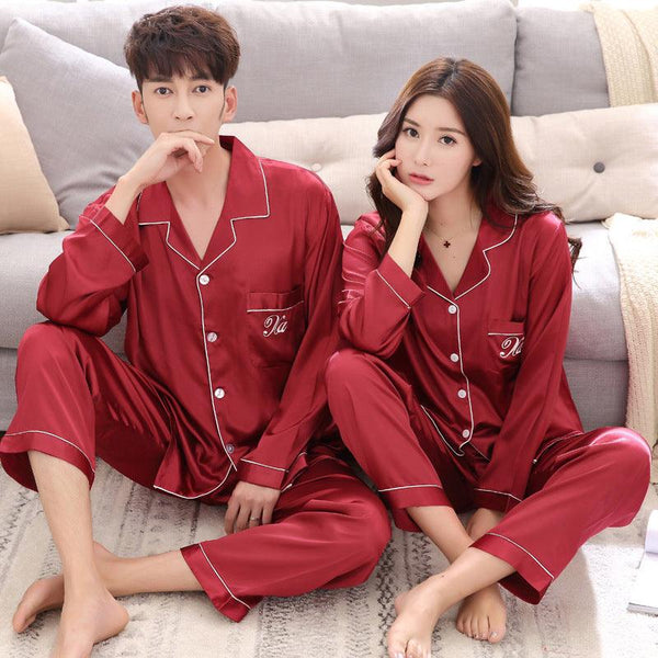 Couple pajamas women spring silk long-sleeved pajamas - amazitshop