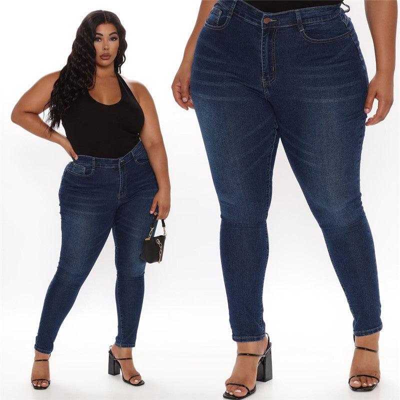 Plus Size Pencil Slim Jeans Stretch Women's Denim Pants Blue - amazitshop