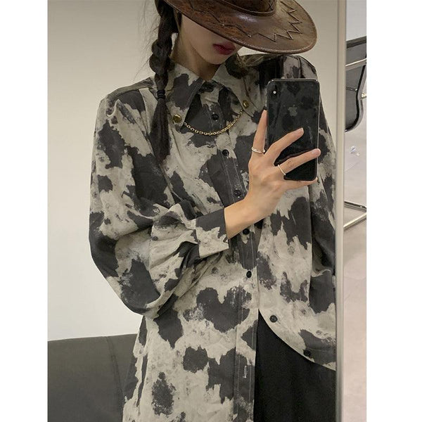 Blouse Long Sleeve Black Gray Color Block Leopard Shirt Button Up Chain Top Single-Breasted Womens Blouses Loose - amazitshop