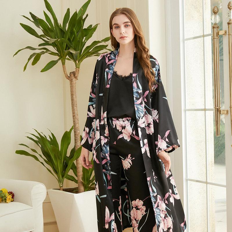 Women's Fashion Sling Print Pajamas Mid Length Belted Loungewear Three Piece Set - amazitshop