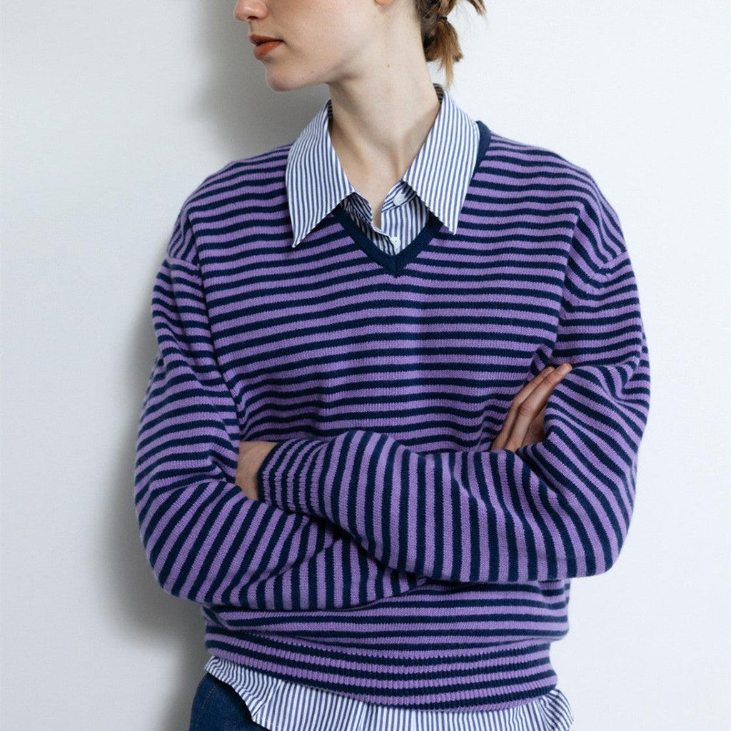 Drop-shoulder Sleeve Thin Woolen Sweater Ultra-fine Mernu Wool V-neck Striped Knitted Top - amazitshop