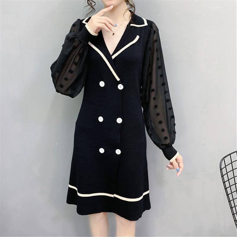 French Double-breasted Sweater Dress Long-sleeved Knitted Dress - amazitshop