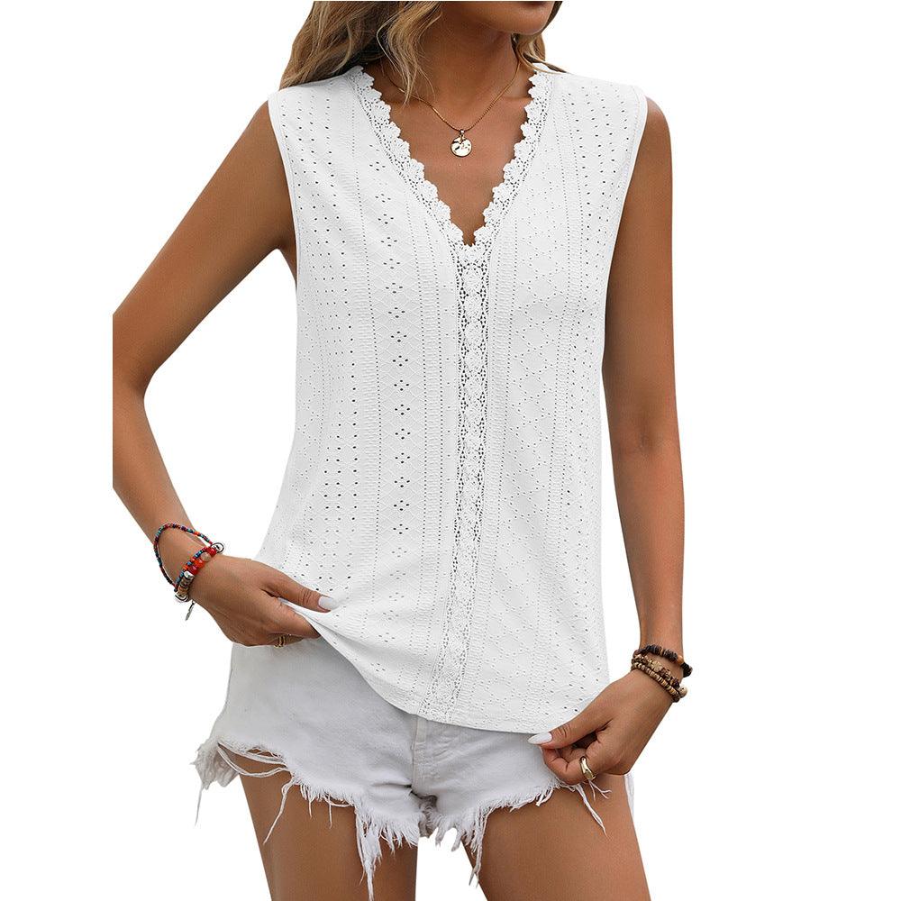 Lace Tops Women V-neck Sleeveless Hollow Out Vest Summer Tank - amazitshop