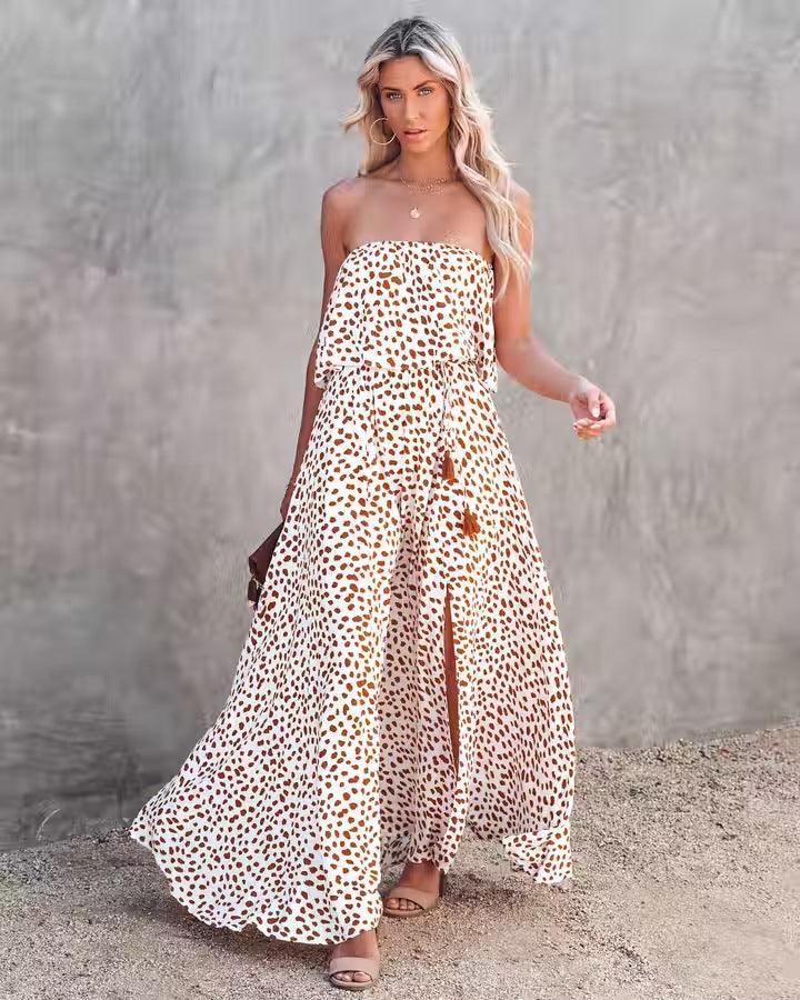 Leopard Print Floral-print Off-shoulder Ruffled Slit Dress - amazitshop