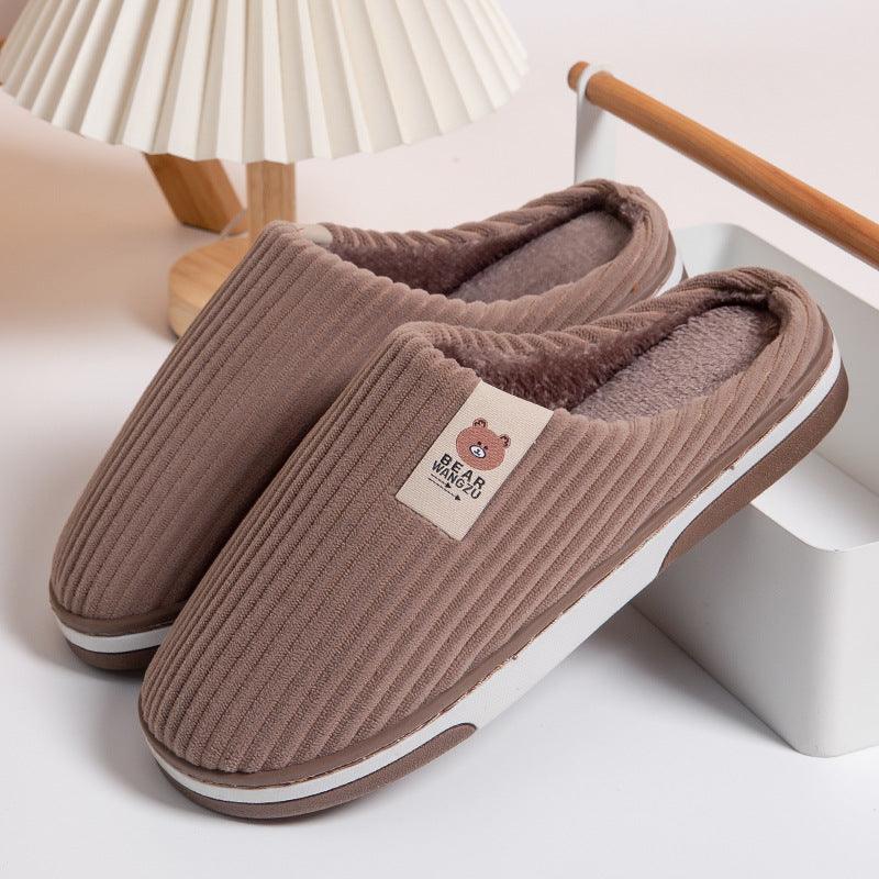 Solid Color Striped Slippers For Women Thick-soled Anti-slip Indoor Warm Plush Home Shoes Couple Women Men Slipper Winter - amazitshop