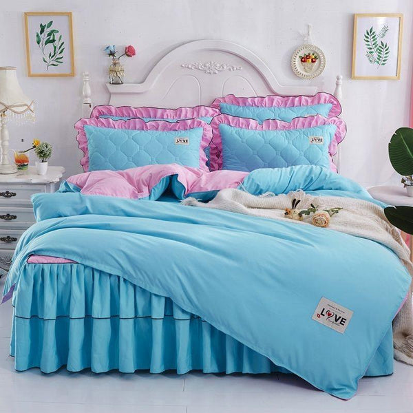 Full Set Of Quilted Fall Winter Bed Skirt Bedspread Bed Sheet Princess Bedspread Plus Quilt Cover - amazitshop
