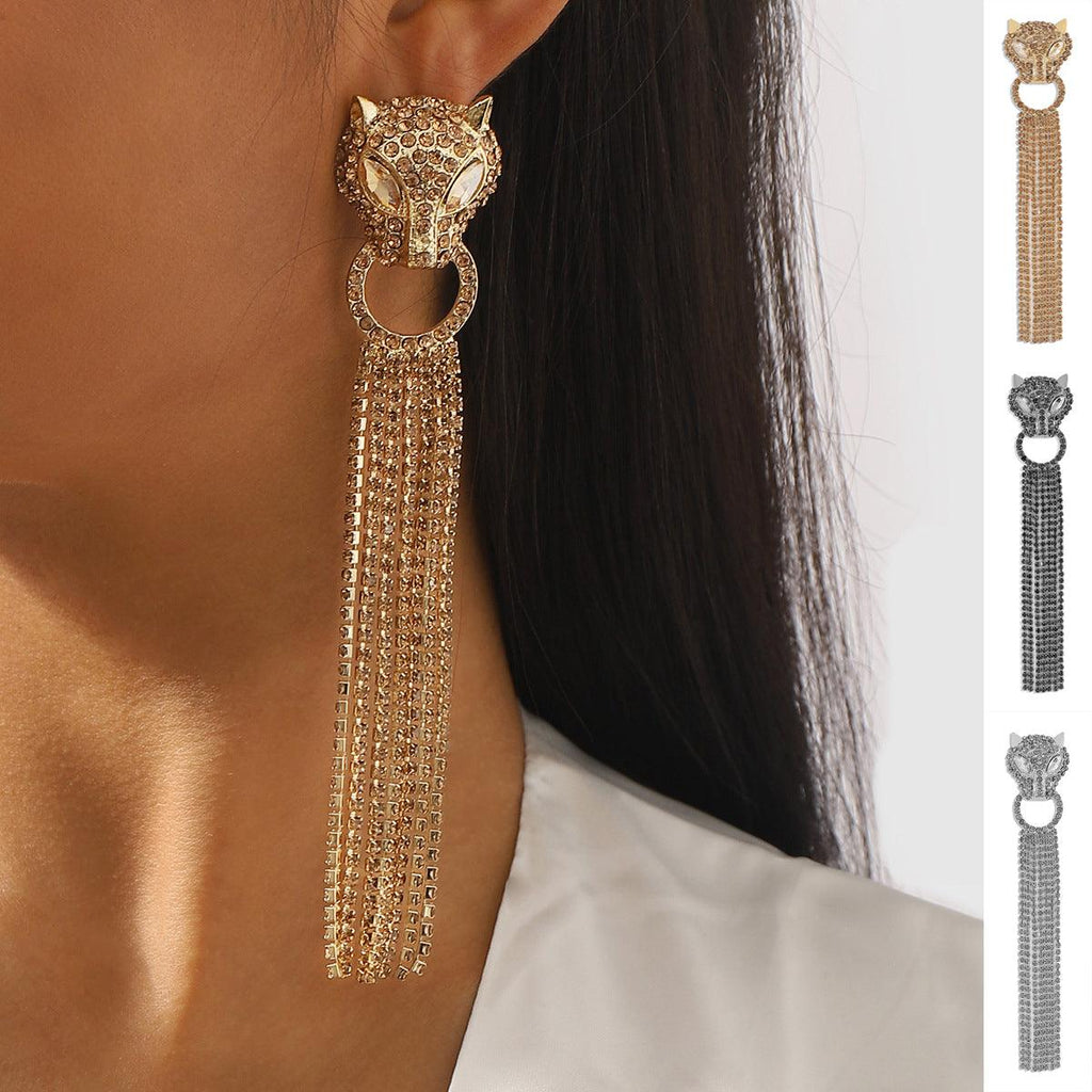 Personalized Leopard Head Earrings With Tassel Rhinestones Trendy Fashion Jewelry Luxury Long Earrings For Women - amazitshop