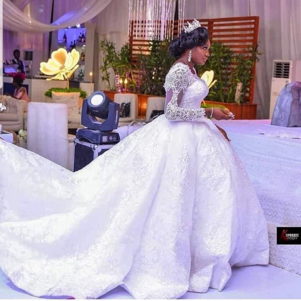 Lace African Wedding Dress Long Sleeves Round Neck Big Tail Tutu Skirt - amazitshop