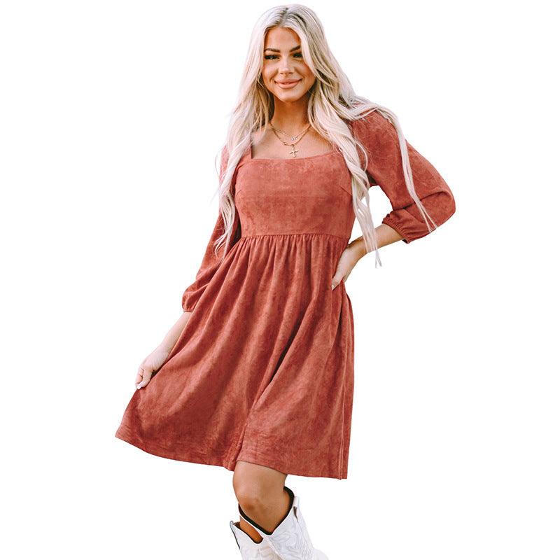 Suede European And American Autumn Solid Color Square Collar Puff Sleeve Waist Dress - amazitshop