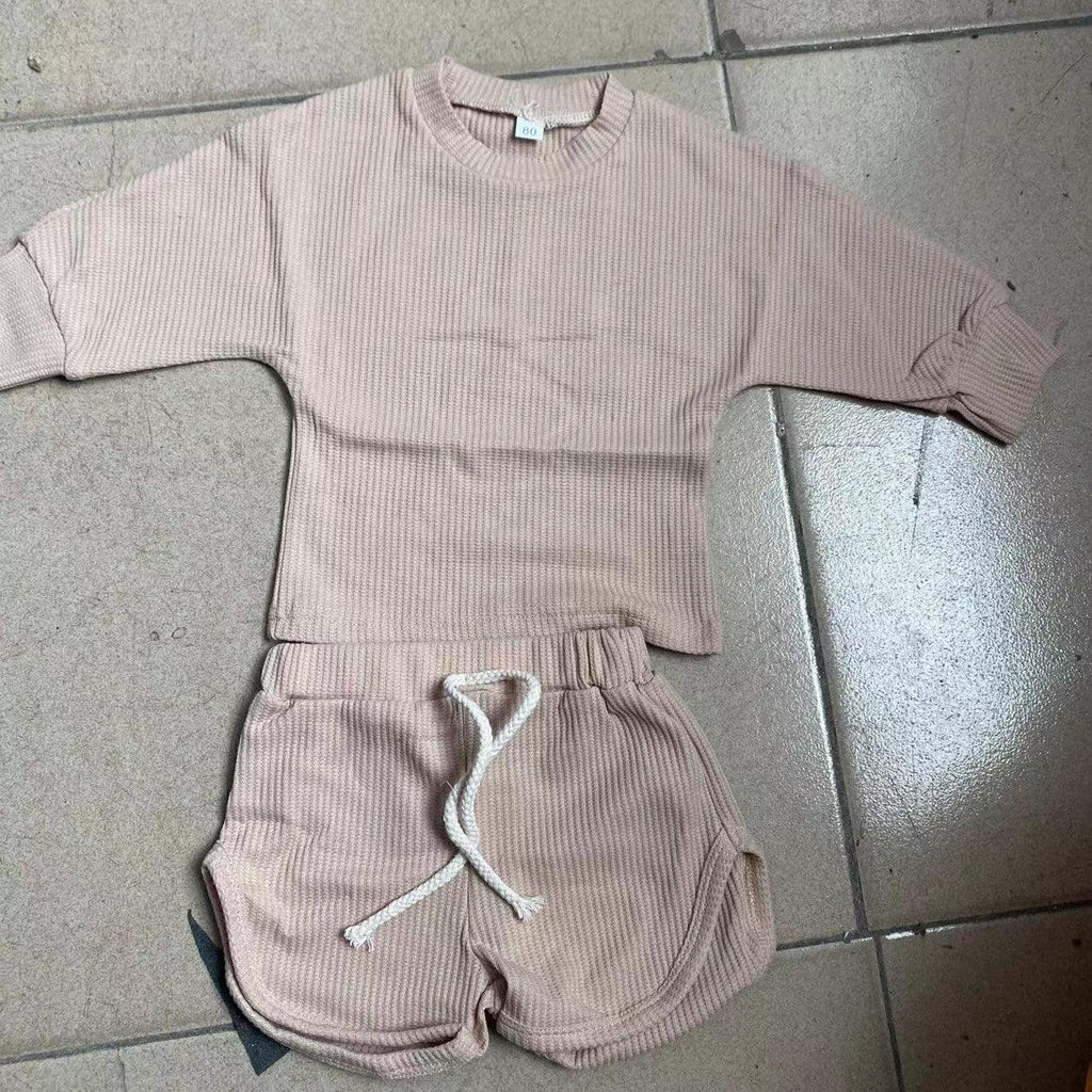 Kids Girls Boys Solid Color Long Sleeve Pullover Tops Elastic Pants - amazitshop