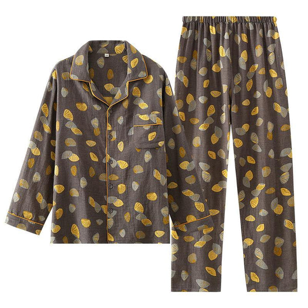 Pure Cotton Double-layer Sheer Men's Long Sleeved Jacquard Pajama Set - amazitshop
