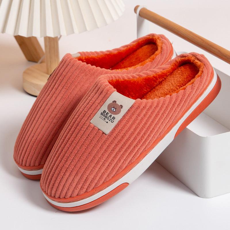 Solid Color Striped Slippers For Women Thick-soled Anti-slip Indoor Warm Plush Home Shoes Couple Women Men Slipper Winter - amazitshop
