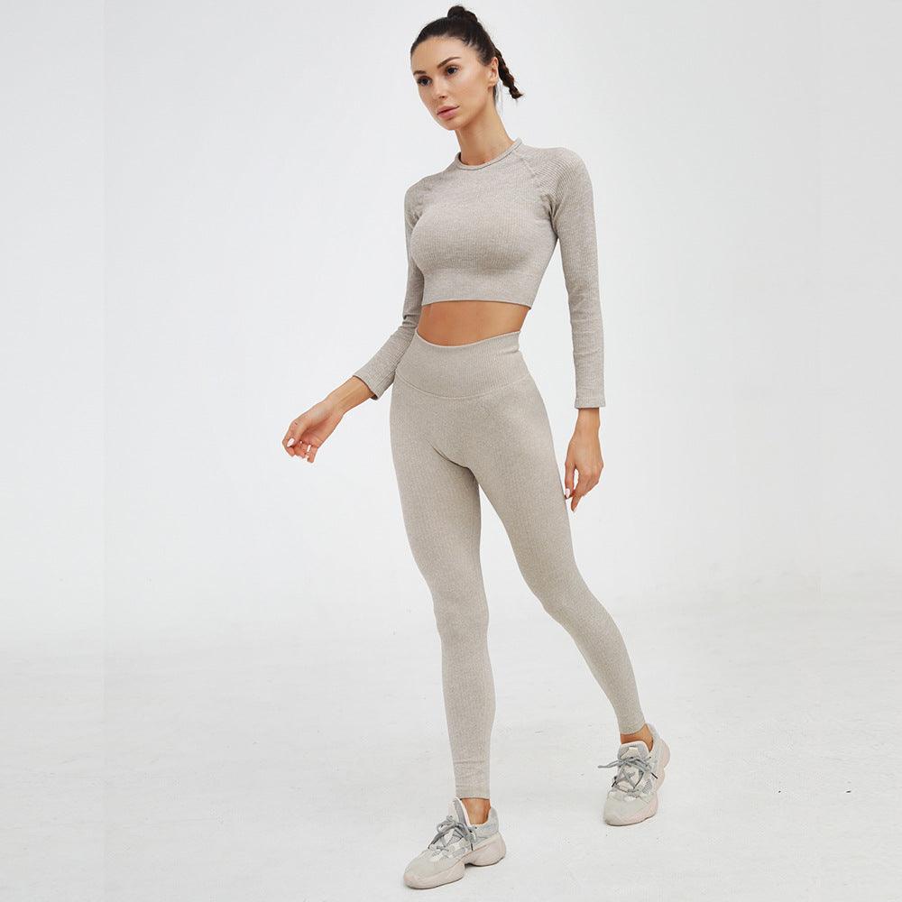 Ladies Gymwear Ribbed Seamless Activewear Long Sleeve Ribbed 2 Piece Yoga Set - amazitshop