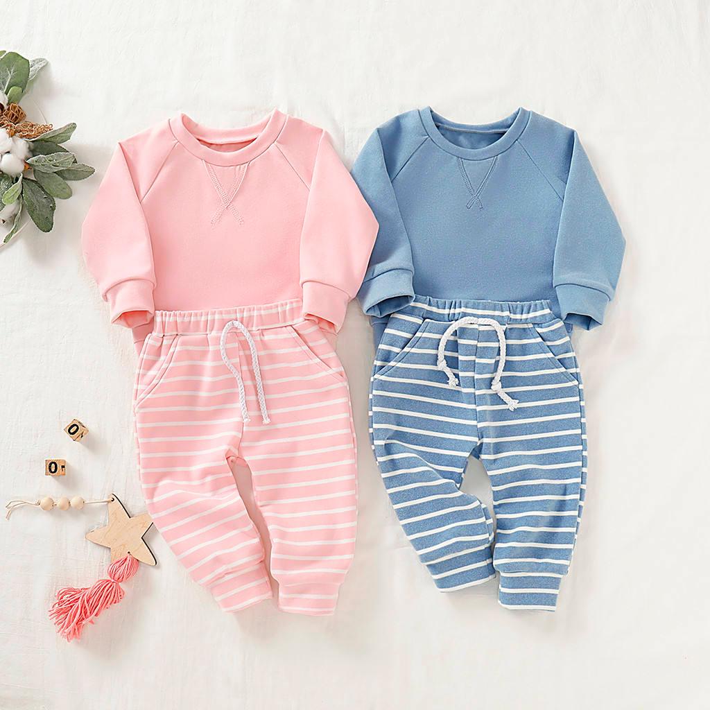 Toddler Boys And Girls Clothes Set Sweatshirt Tops Long Striped Pants Pajamas outfit 3-18 Months - amazitshop